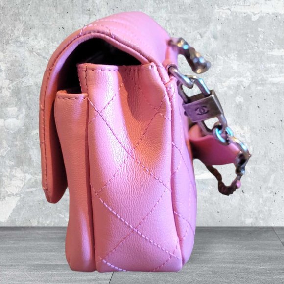 Authentic Rare Chanel Pink Goatskin Quilted Mut Waist Chain Double Lock Flap Bag - Picture 8 of 16